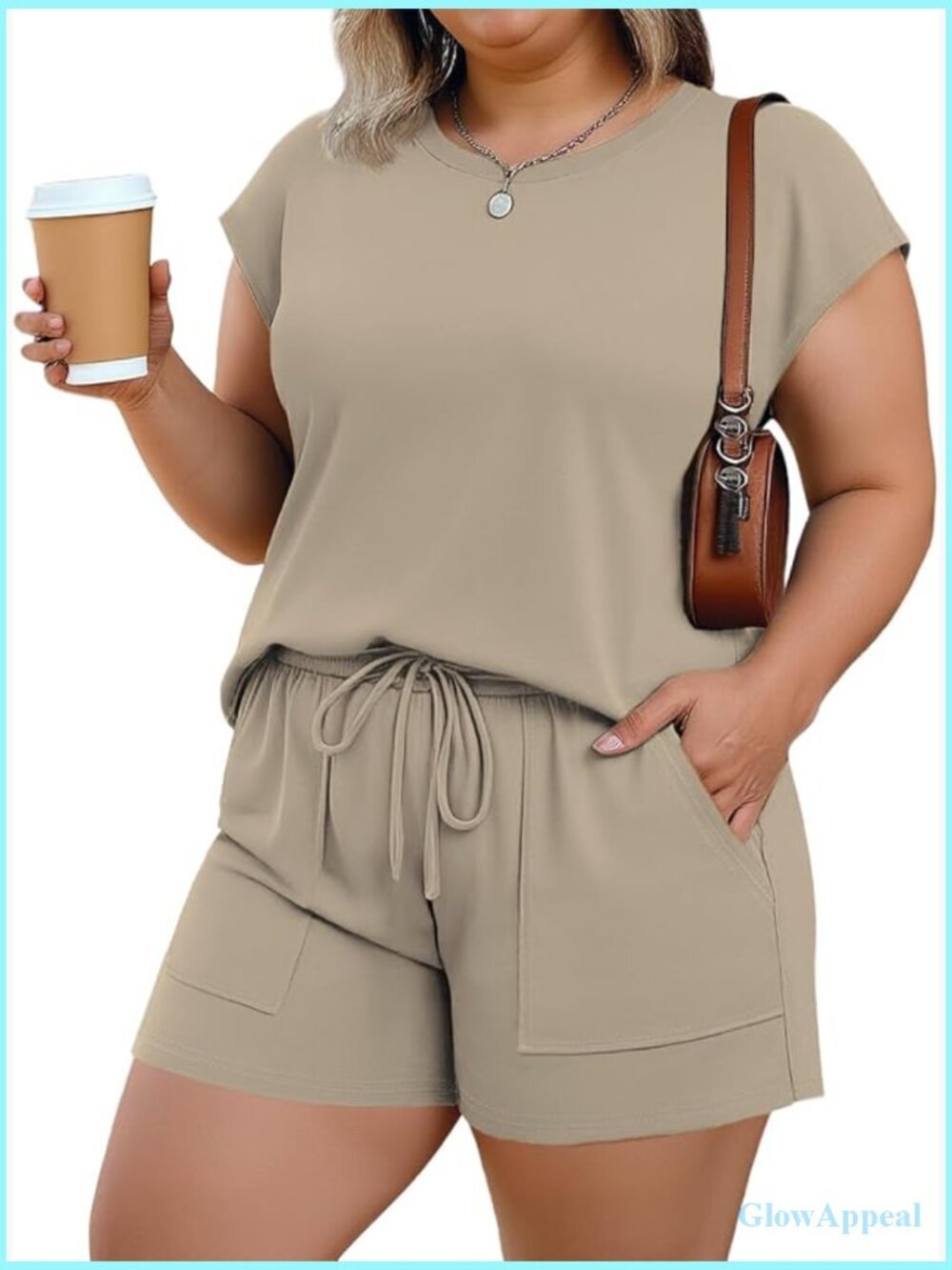 Plus Size Two Piece Short Set Cap Sleeve Drawstring Lounge Sweatsuit